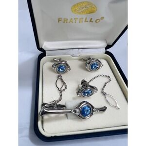 Vintage Fratello Cufflinks & Tie Bar Set Silver Tone Blue Accent Classic Elegant